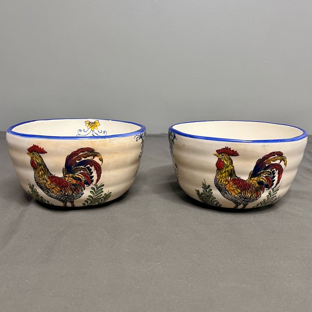 Set Of 2 Hand Painted Ceramic Rooster Bowls Colorful  Country Cottage 6.5x3.75”
